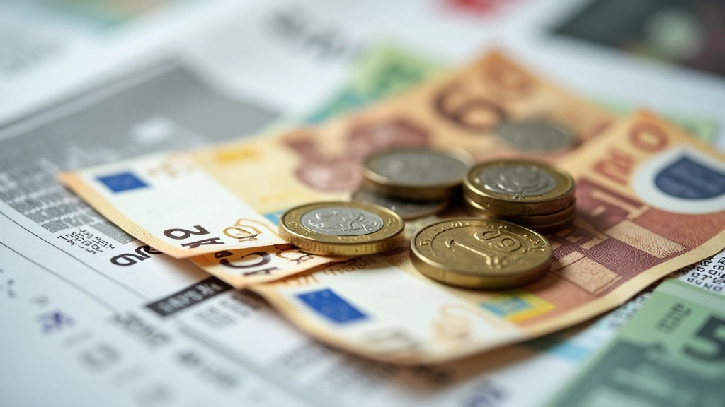 Europäische Banknoten und Münzen arrangiert auf einer Zeitung mit Wirtschaftsnachrichten, Makro-Fotografie mit Fokus auf Details