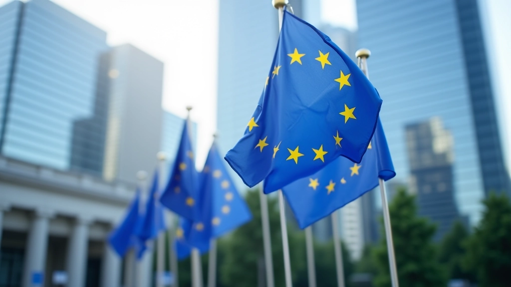 Europäische Flaggen und Zentralbank-Gebäude in Frankfurt