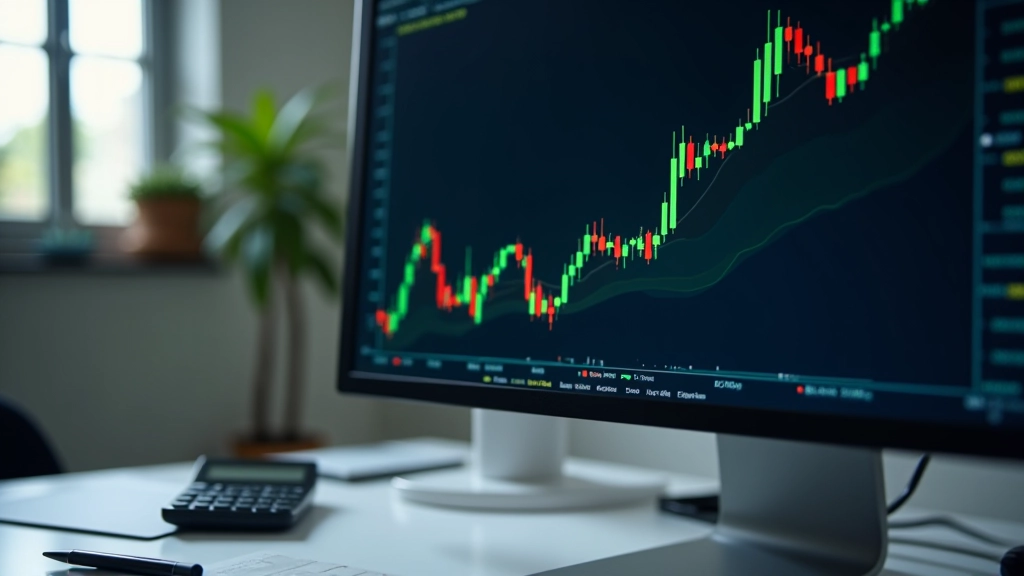 Grafik zeigt Zinsraten-Trends auf einem Monitor mit grünen und roten Linien, Finanzrechner daneben, professionelles Büro-Setting