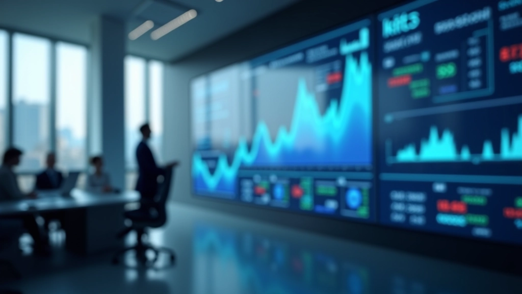 Moderne Bankenzentrale mit digitalen Bildschirmen und Finanzdiagrammen an den Wänden