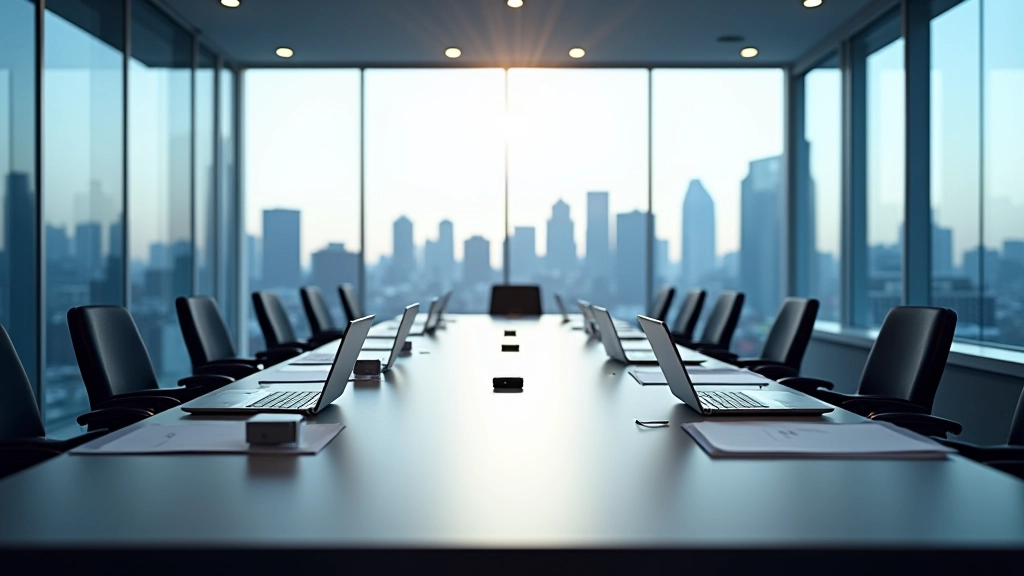 Moderner Konferenzraum mit großem Tisch, auf dem Laptops und Notizblöcke liegen, mit Fensterblick auf eine Großstadt