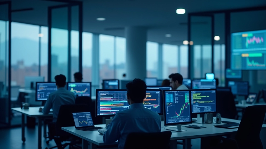 Modernes Finanzanalysezentrum mit Computern und Echtzeitdatenvisualisierung, professionelle Arbeitsumgebung